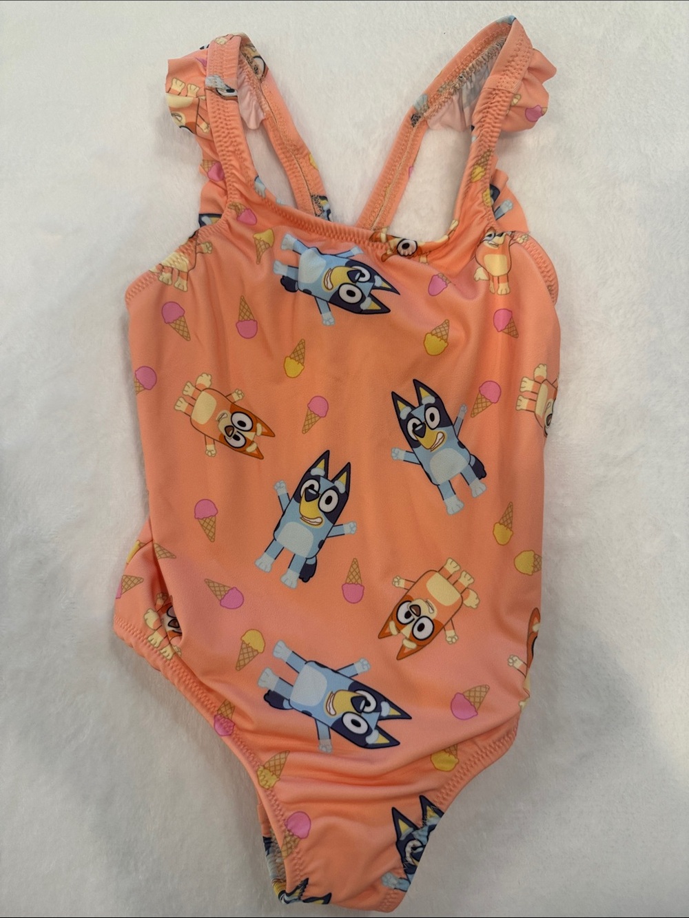 Zara Bluey Peach Bluey and Bingo Print Ruffle-Shoulder One-Piece Swimsuit